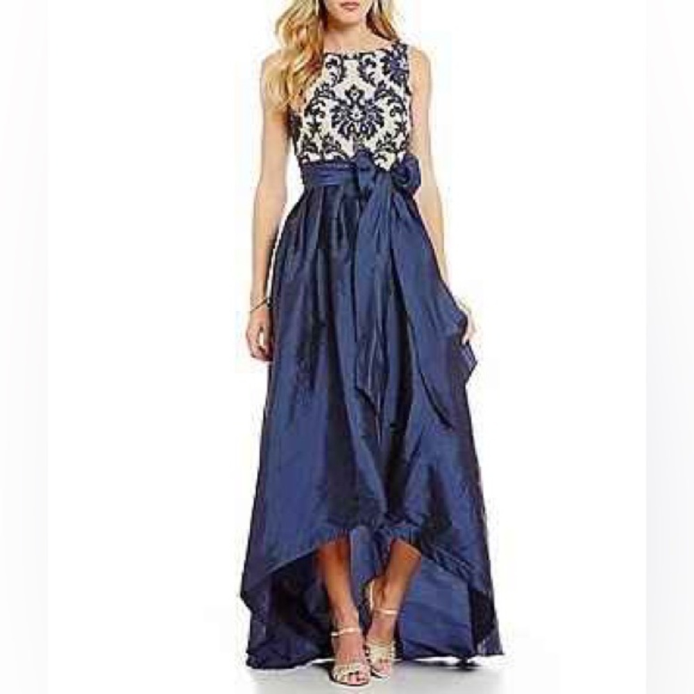 Adrianna Papell Navy and White High Low Dress